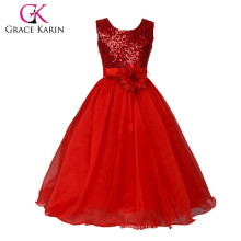 Grace Karin 2015 Nueva llegada sin mangas de vestido de bola cequis Voile Flor roja vestidos de niña CL007596-3